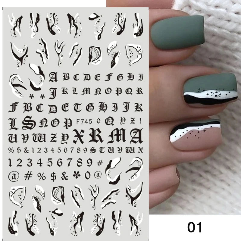1PCS Black White Love Nail Stickers Letter Nail Design Flower Print Nail Supplies Nail Art Decals Suitable For Women's Manicure