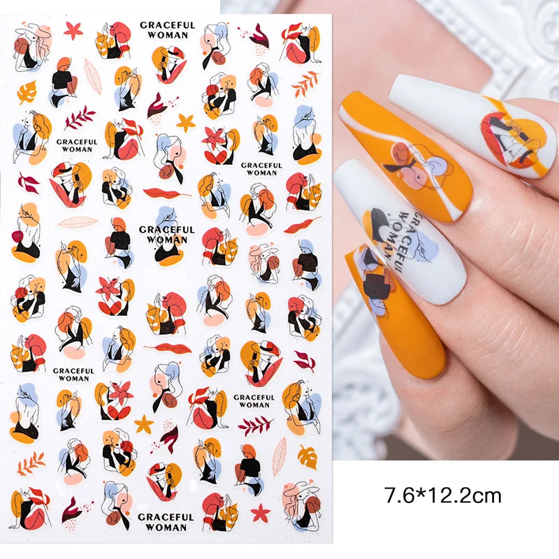 1PCS Black White Love Nail Stickers Letter Nail Design Flower Print Nail Supplies Nail Art Decals Suitable For Women's Manicure
