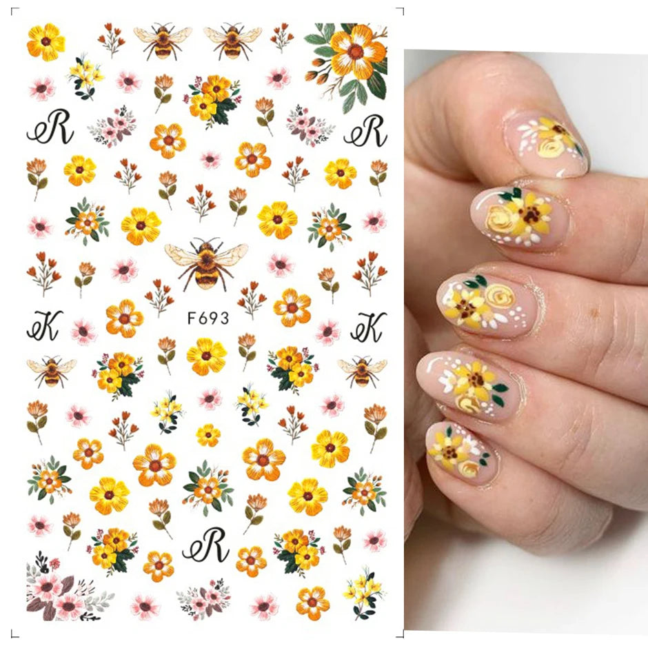 1PCS Black White Love Nail Stickers Letter Nail Design Flower Print Nail Supplies Nail Art Decals Suitable For Women's Manicure