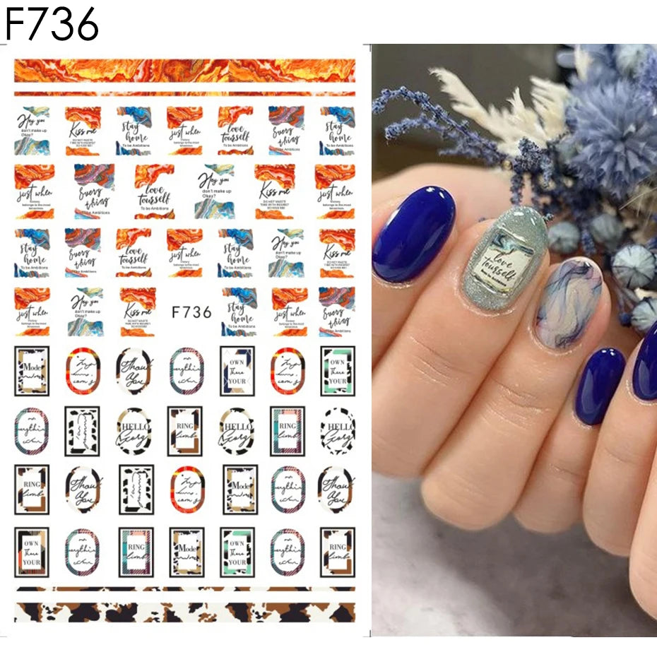 1PCS Black White Love Nail Stickers Letter Nail Design Flower Print Nail Supplies Nail Art Decals Suitable For Women's Manicure
