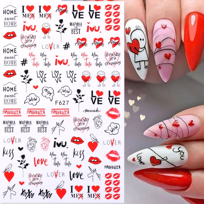 1PCS Black White Love Nail Stickers Letter Nail Design Flower Print Nail Supplies Nail Art Decals Suitable For Women's Manicure