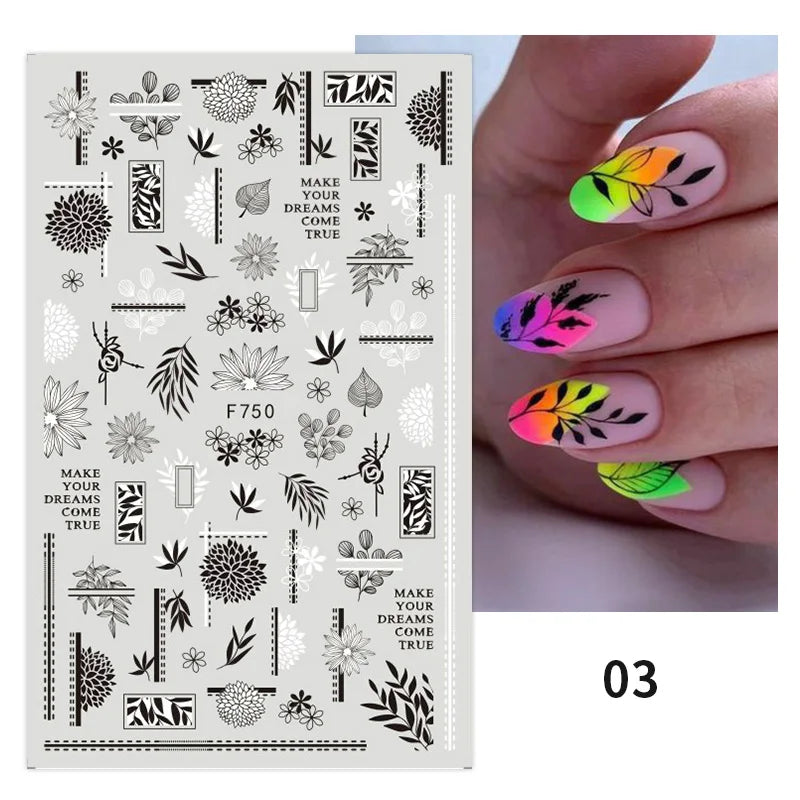 1PCS Black White Love Nail Stickers Letter Nail Design Flower Print Nail Supplies Nail Art Decals Suitable For Women's Manicure