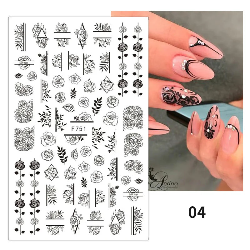 1PCS Black White Love Nail Stickers Letter Nail Design Flower Print Nail Supplies Nail Art Decals Suitable For Women's Manicure
