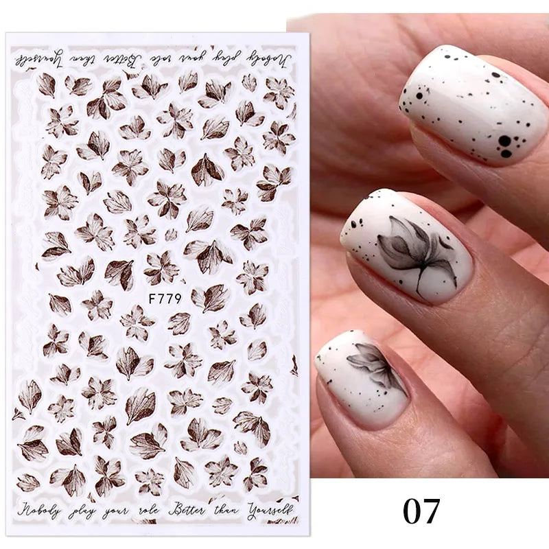 1PCS Black White Love Nail Stickers Letter Nail Design Flower Print Nail Supplies Nail Art Decals Suitable For Women's Manicure