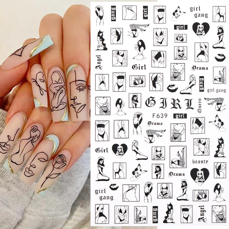 1PCS Black White Love Nail Stickers Letter Nail Design Flower Print Nail Supplies Nail Art Decals Suitable For Women's Manicure